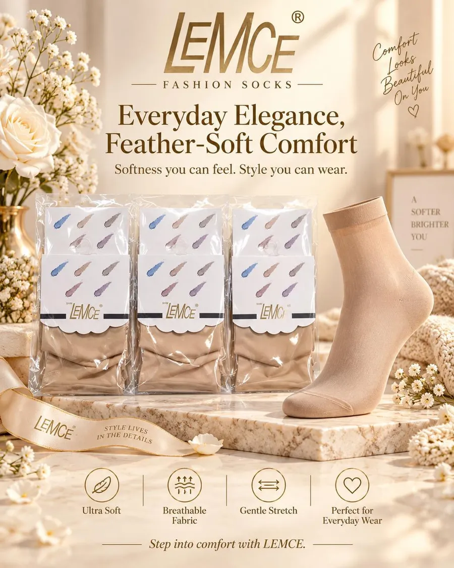 LEMCE FeatherLite women's nude beige soft knit ankle socks with packaged pairs flat lay view