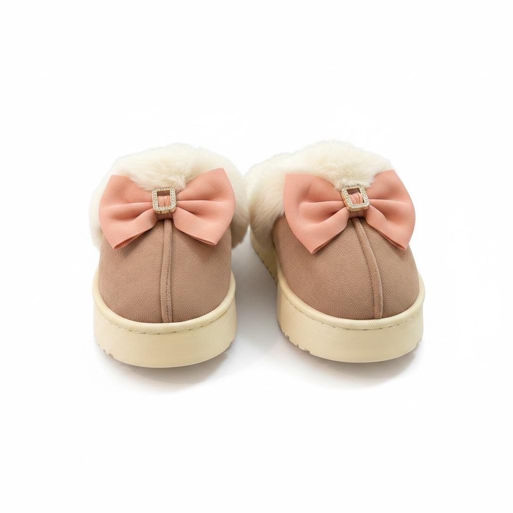 LEMCE Cloudstep plush slippers beige suede faux fur trim pink bow rear pair view