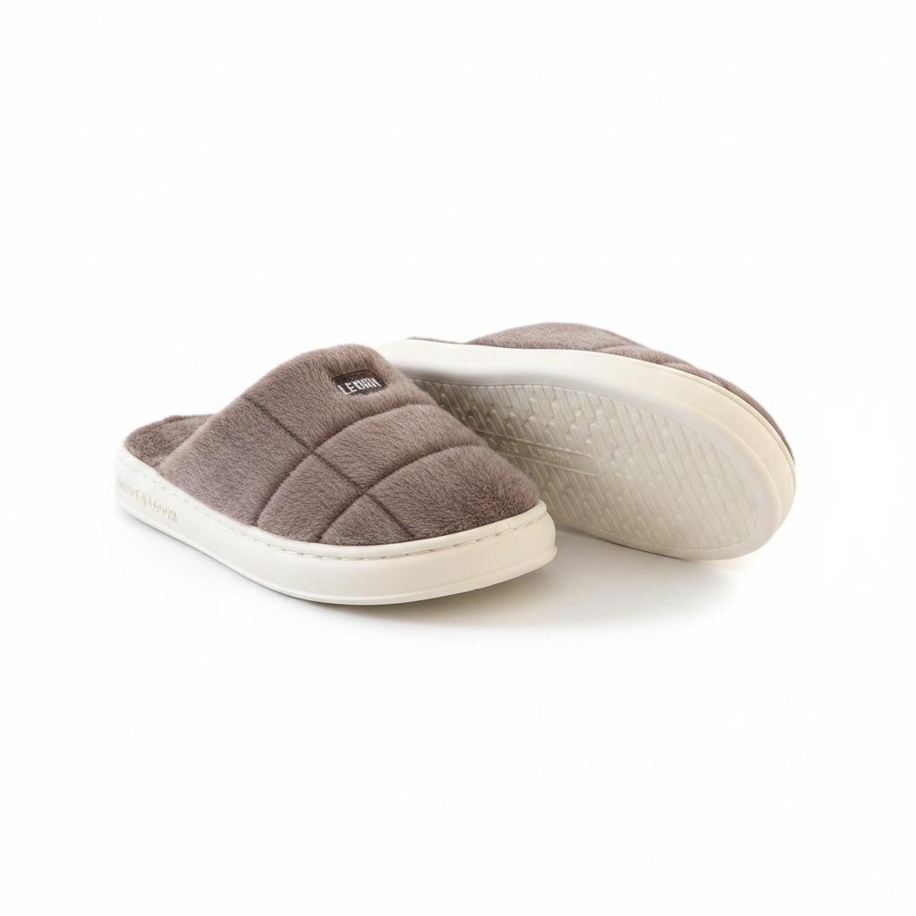 LEMCE Cloudstep taupe quilted plush slippers pair showing sole and upper side view