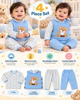 LEMCE Little Cub Sky blue 4-piece baby suit set with bear appliqué jacket and floral cotton top