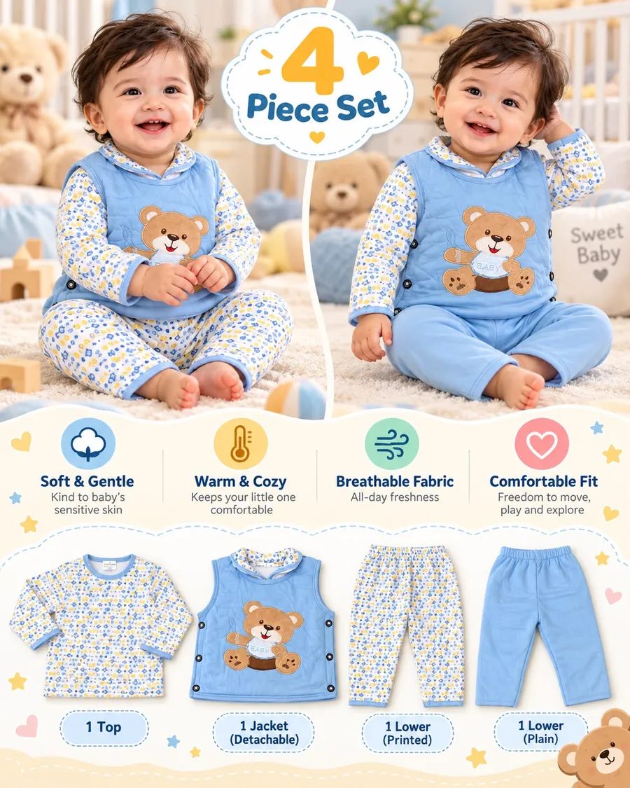LEMCE Little Cub Sky blue 4-piece baby suit set with bear appliqué jacket and floral cotton top