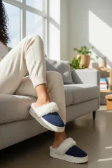LEMCE Cloudstep black suede plush faux-fur slippers pair showing sole and upper angled view