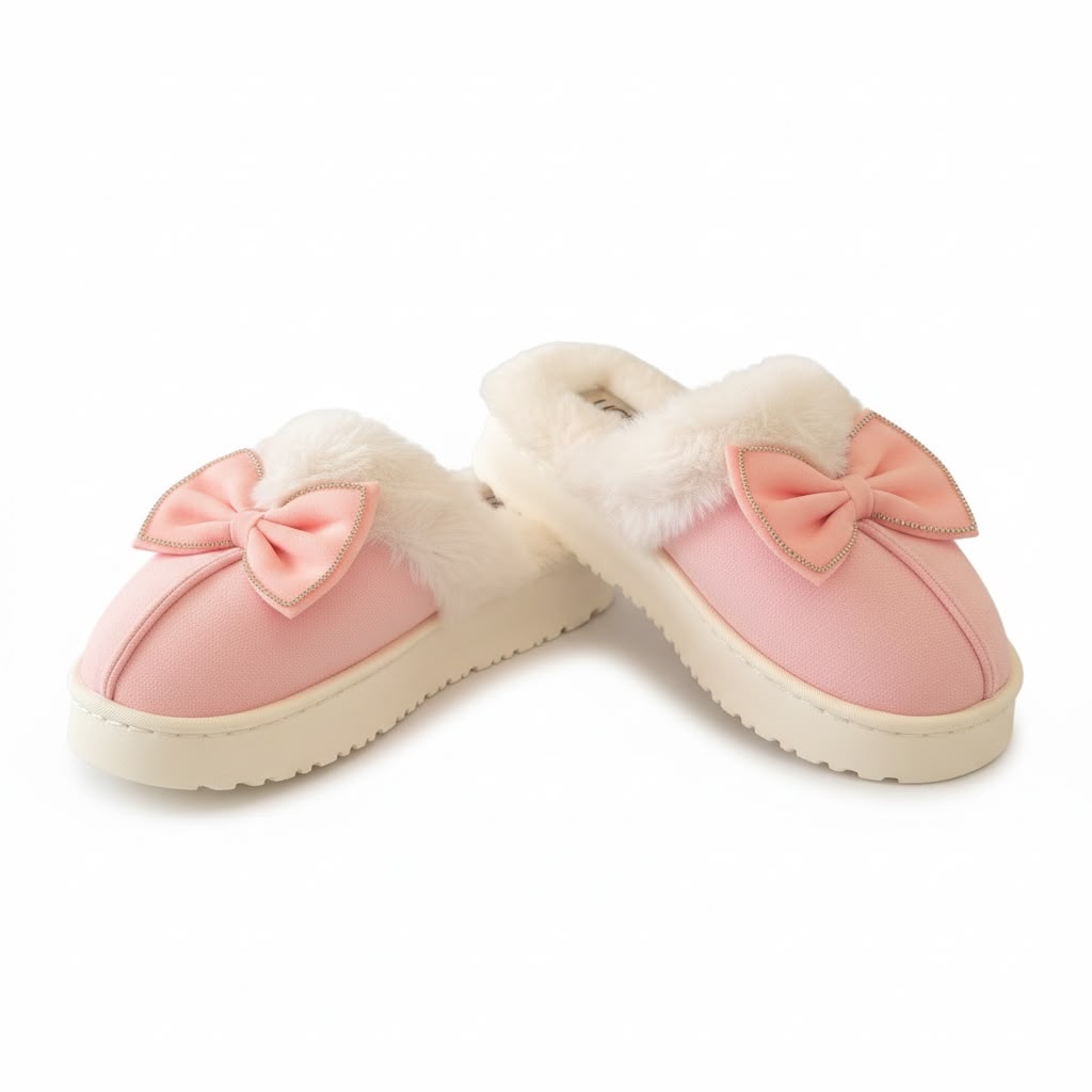 LEMCE Cloudstep pink plush faux fur slippers with bow detail, pair side view