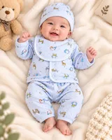LEMCE Blue Parade baby suit set with animal print hat and bib, soft cotton, full front view