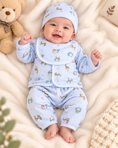 LEMCE Blue Parade baby suit set with animal print hat and bib, soft cotton, full front view