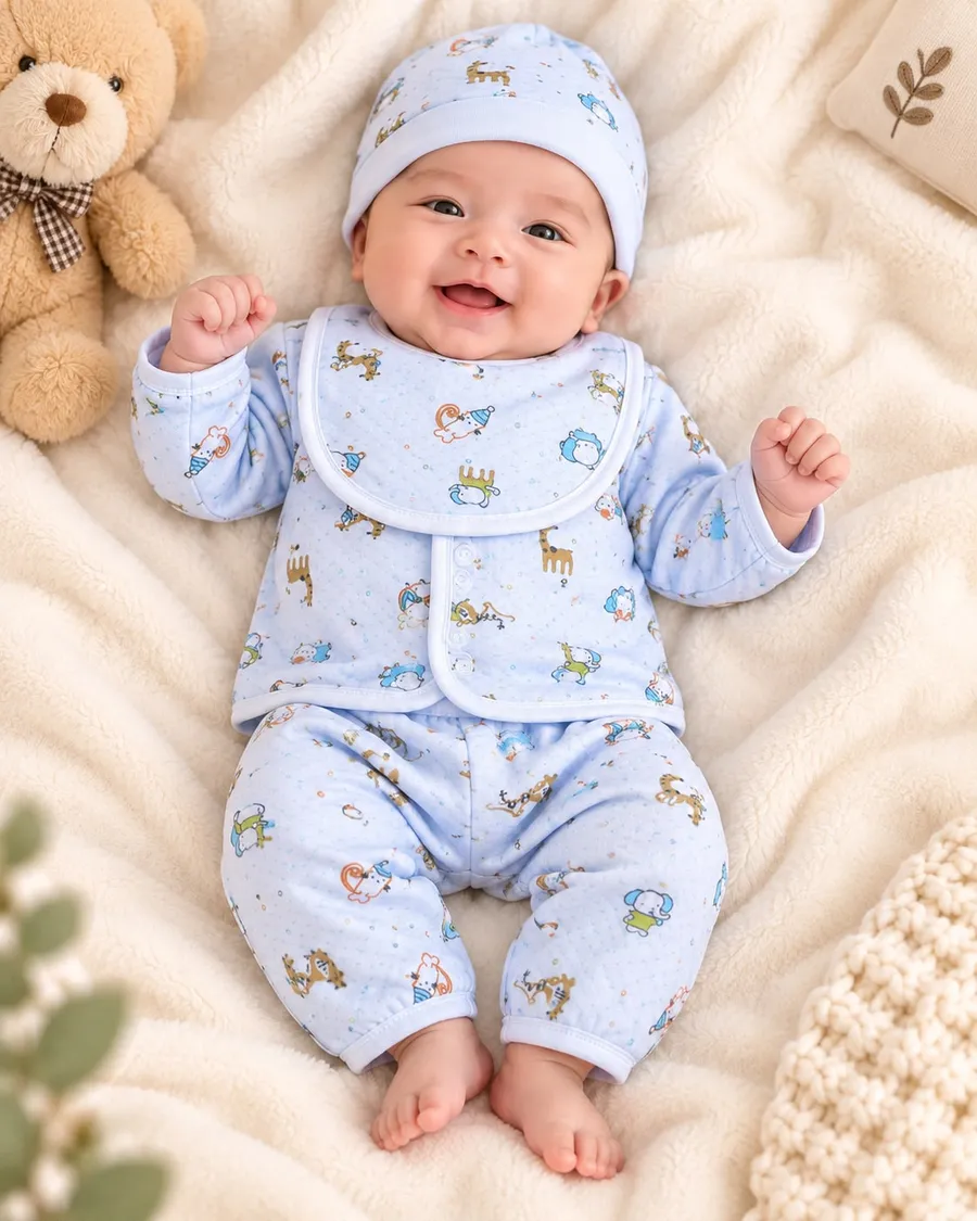 LEMCE Blue Parade baby suit set with animal print hat and bib, soft cotton, full front view