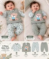 LEMCE Sage Cub 4-piece sage green soft cotton baby suit set with bear appliqué, two looks flat-lay view