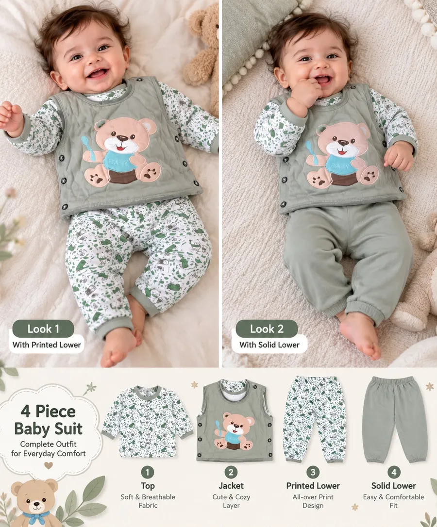 LEMCE Sage Cub 4-piece sage green soft cotton baby suit set with bear appliqué, two looks flat-lay view
