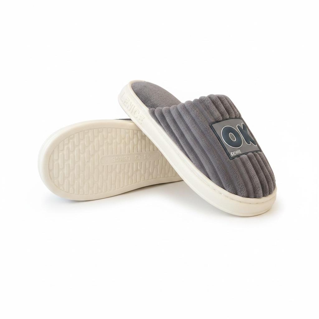 LEMCE Cloudstep plush slippers taupe ribbed texture fleece lining cream sole pair side view