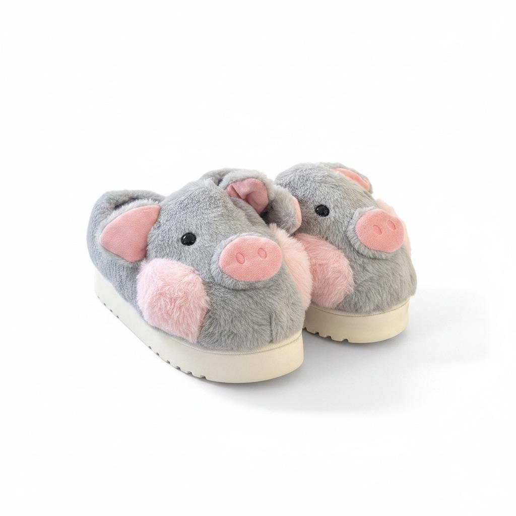 LEMCE Cloudstep grey plush pig slippers pink ears snout cushioned sole front pair view