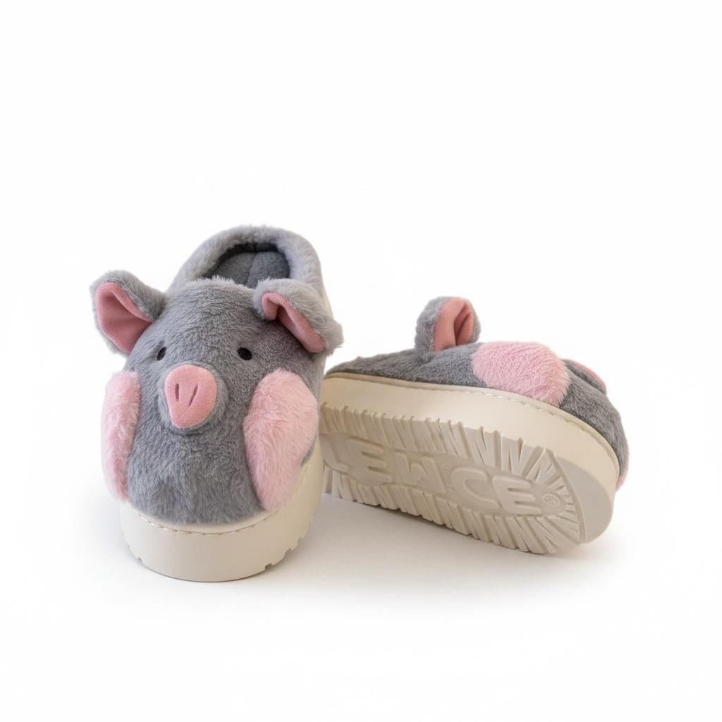 LEMCE Cloudstep grey pink plush pig slippers pair showing sole and front view