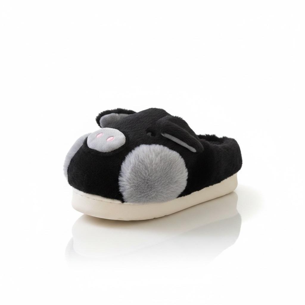 LEMCE Cloudstep black plush slipper grey pom-pom bunny ears cushioned sole side view