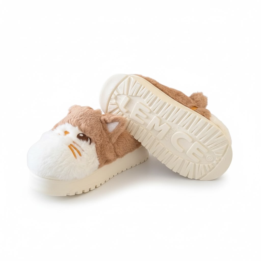LEMCE Cloudstep plush slippers tan cat face design cream EVA sole pair angled view