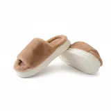 LEMCE Cloudstep tan plush faux fur slippers pair angled view white chunky sole