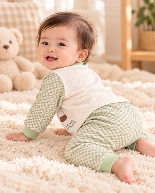 LEMCE Meadow Bear green check cotton baby suit full-body view on cream fluffy rug