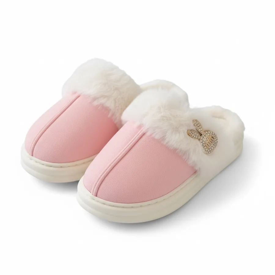 LEMCE Cloudstep pink plush faux fur trim slippers with gold bunny charm, pair angled view