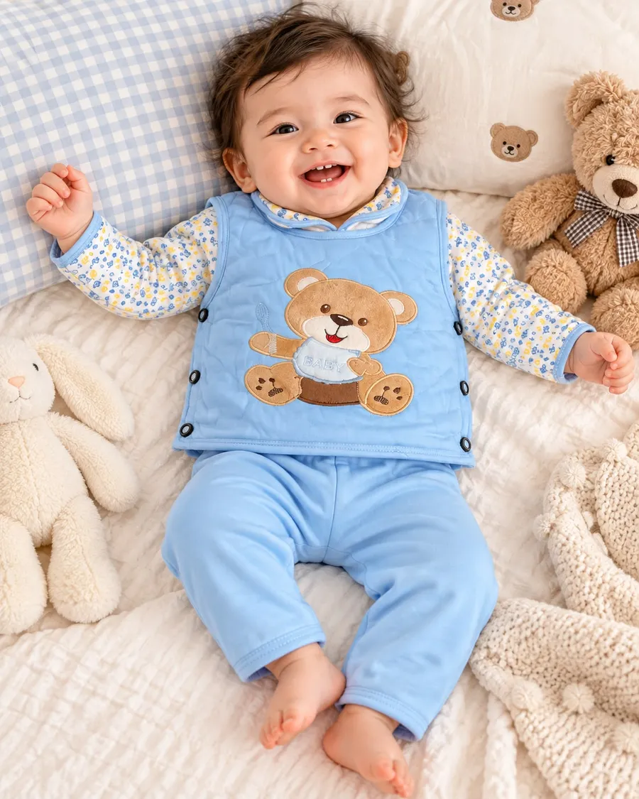 LEMCE Little Cub Sky blue quilted baby suit with bear appliqué, full-body overhead view