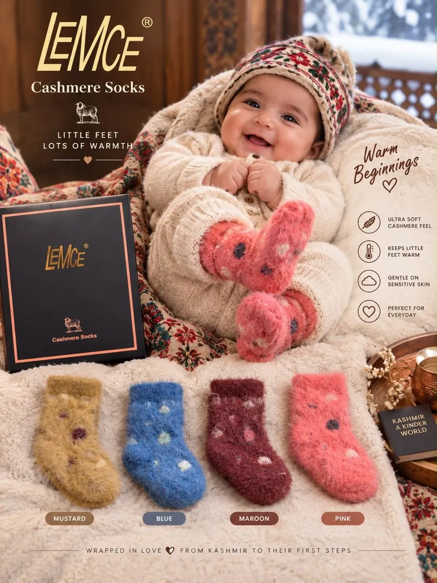 LEMCE CuddleBear baby cashmere-feel knit socks in pink, mustard, blue, maroon on cozy flat lay