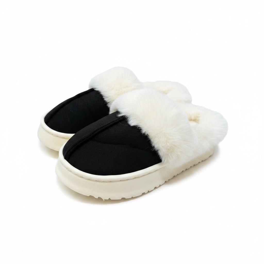 LEMCE Cloudstep black suede plush faux-fur trim slippers pair angled view white sole