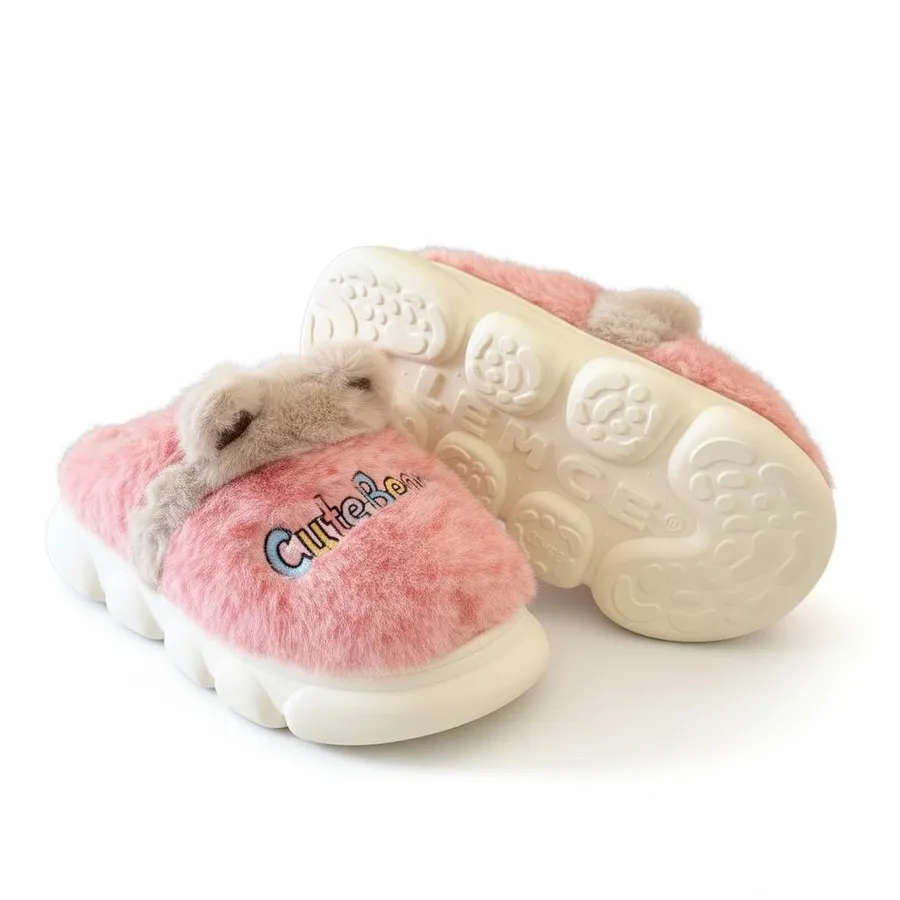 LEMCE Cloudstep pink plush faux fur slippers pair showing fluffy upper and cream grip sole