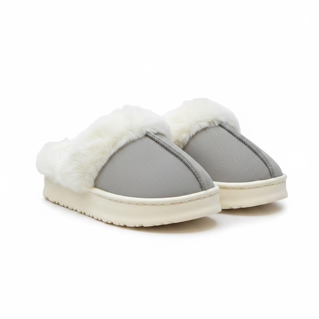 LEMCE Cloudstep grey plush slipper pair with white faux-fur trim, angled front view