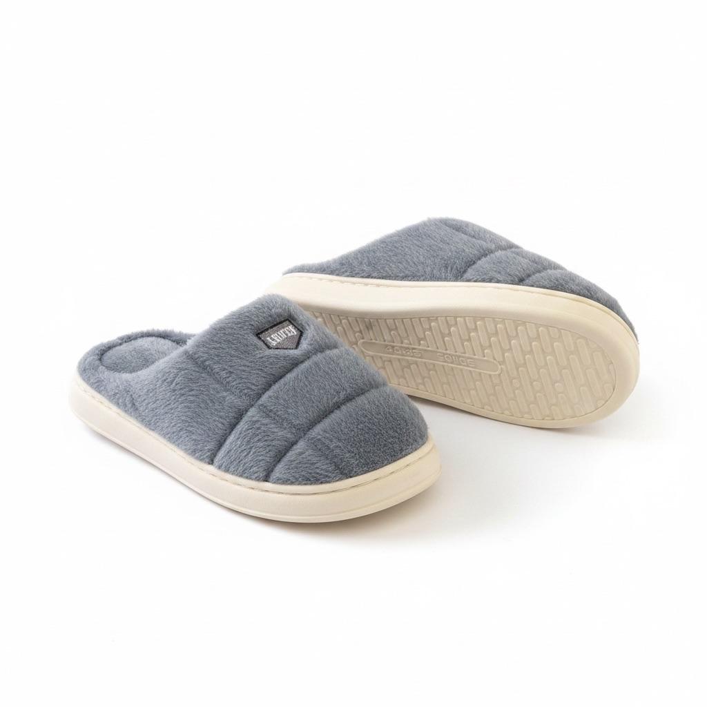 LEMCE Cloudstep grey plush slippers pair showing top and rubber sole angled studio view