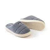 LEMCE Cloudstep grey plush slippers pair showing top and rubber sole angled studio view