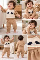 LEMCE Caramel Pup baby suit camel waffle cotton top joggers pup face multi-view collage