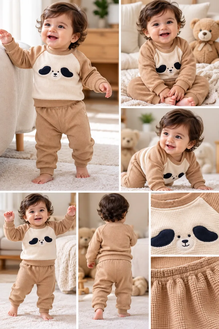 LEMCE Caramel Pup baby suit camel waffle cotton top joggers pup face multi-view collage