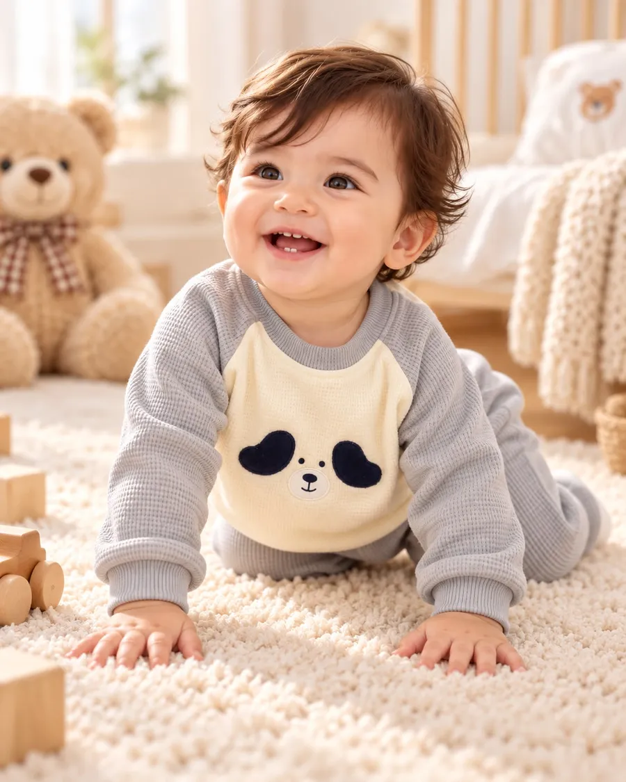 LEMCE Cloud Pup grey waffle-knit baby suit with panda patch, crawling infant full front view