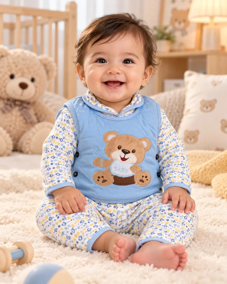LEMCE Little Cub Sky blue floral cotton baby-suit with bear appliqué, full-body front view on infant
