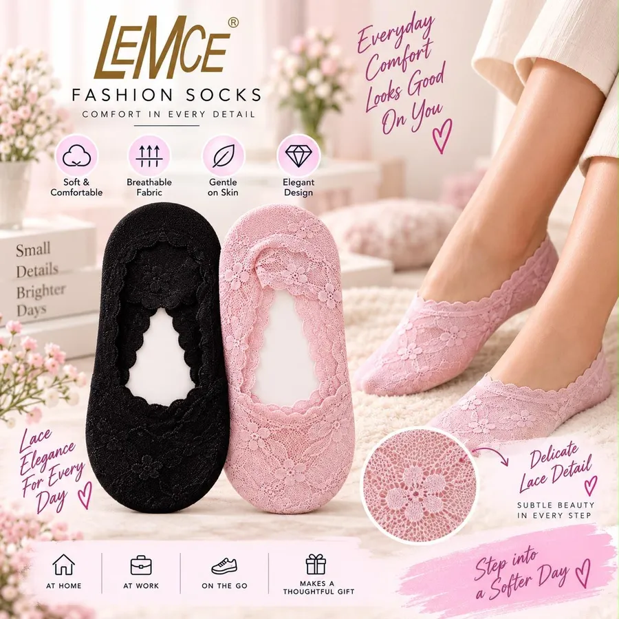 LEMCE Roselle Lace Footies in black and pink floral lace no-show socks flat and on feet view
