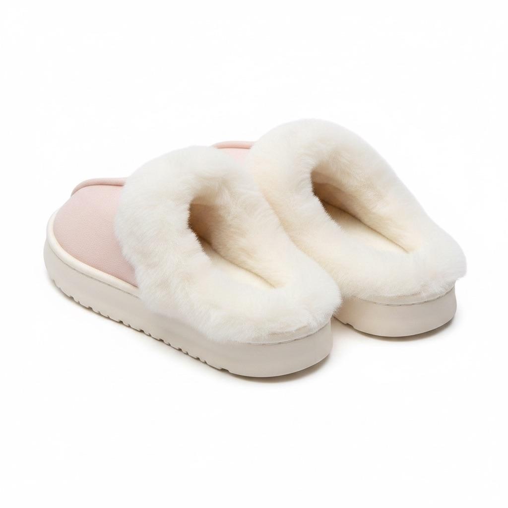 LEMCE Cloudstep plush slippers pair pink suede cream faux-fur trim chunky sole angled view