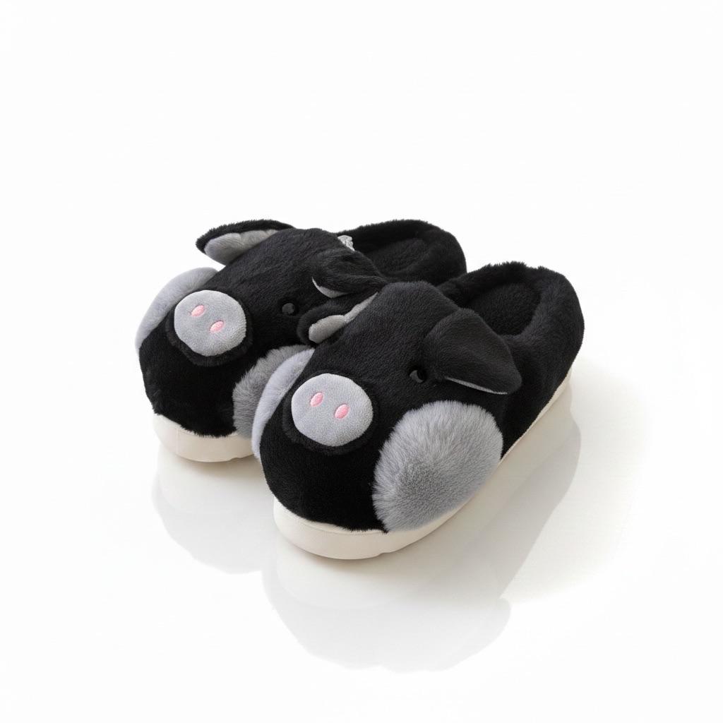 LEMCE Cloudstep black plush pig slippers pair with grey snout detail angled view