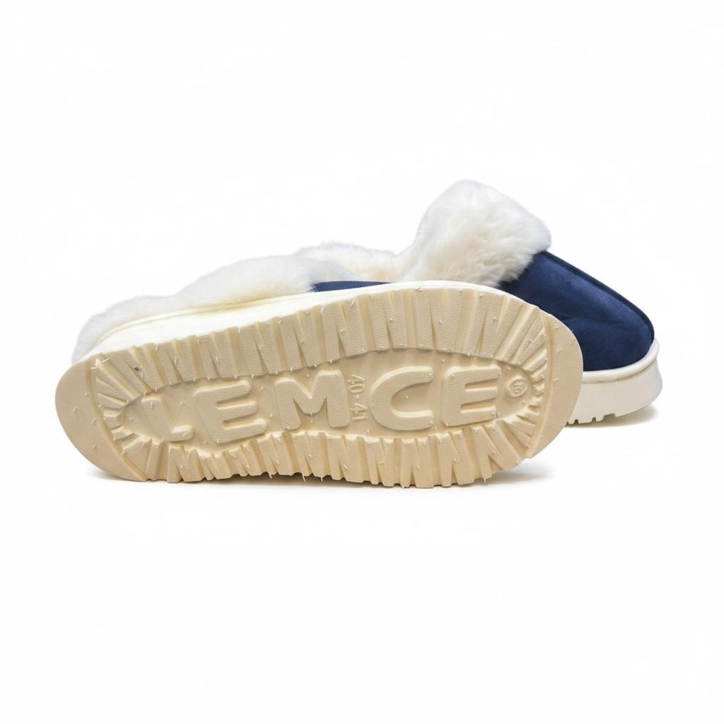 LEMCE Cloudstep navy suede plush slipper sole view showing cream ridged outsole and faux-fur lining