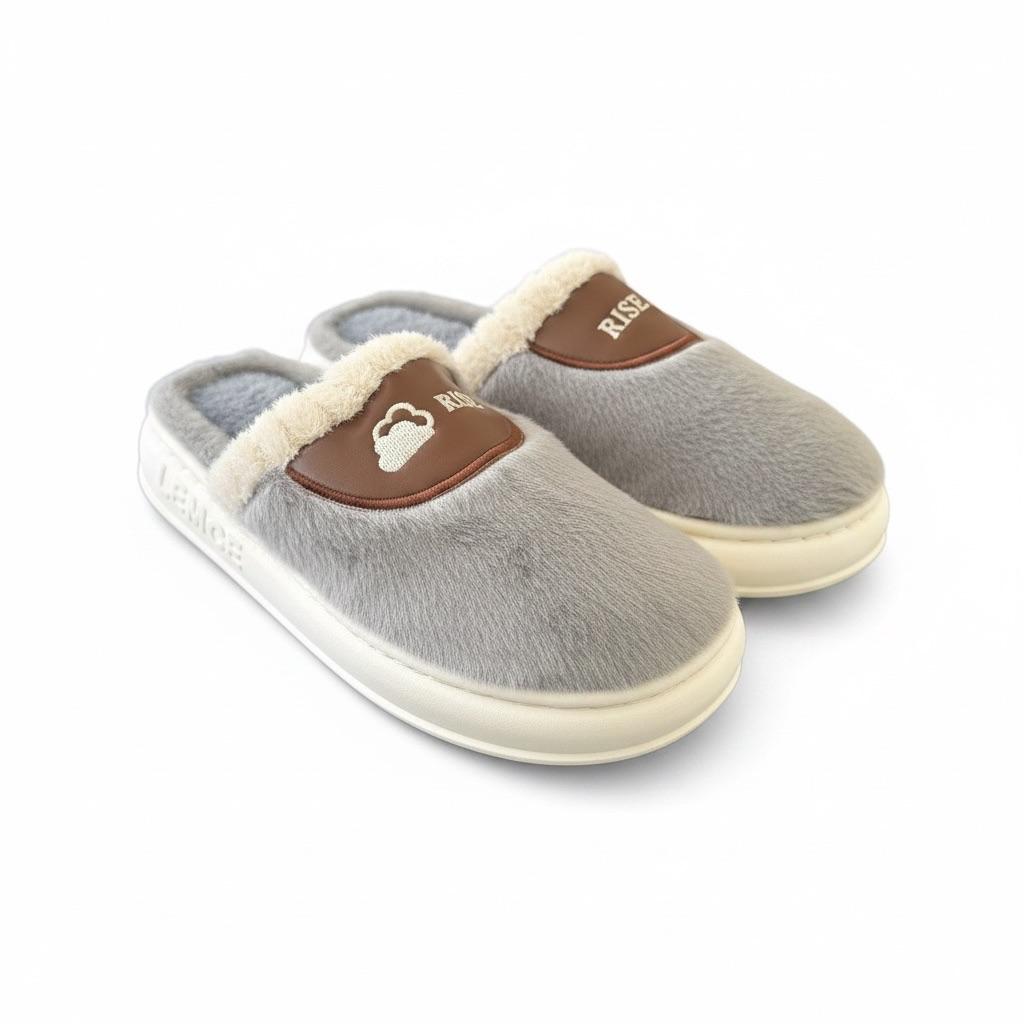 LEMCE Cloudstep grey plush faux fur slippers with cream trim and white EVA sole, pair angled view