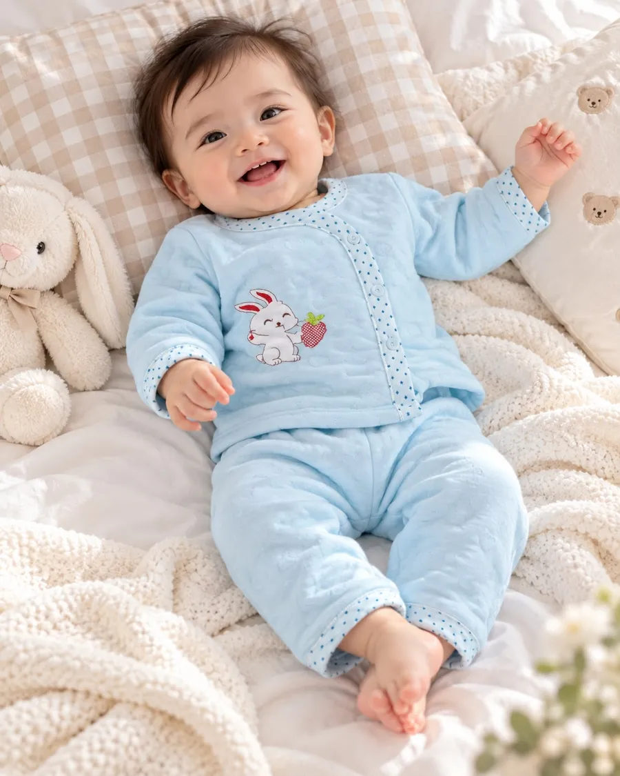 LEMCE Bunny Bluebell baby suit pale blue plush cotton blend bunny embroidery full body view