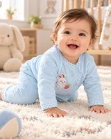 LEMCE Bunny Bluebell baby suit soft blue plush cotton blend bunny appliqué full-body crawling view