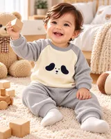 LEMCE Cloud Pup grey cream waffle-knit baby suit with pup motif, full body seated view