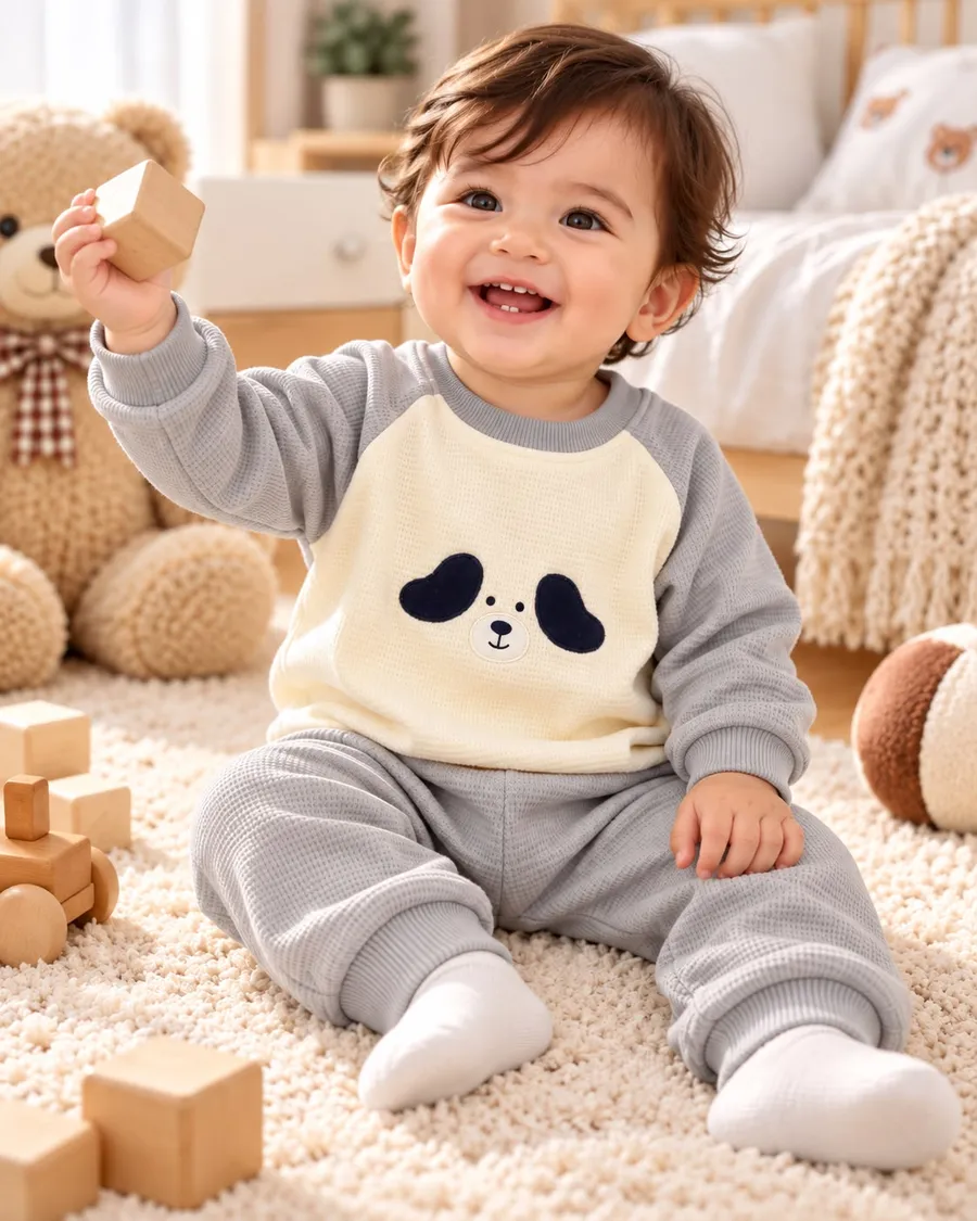 LEMCE Cloud Pup grey cream waffle-knit baby suit with pup motif, full body seated view