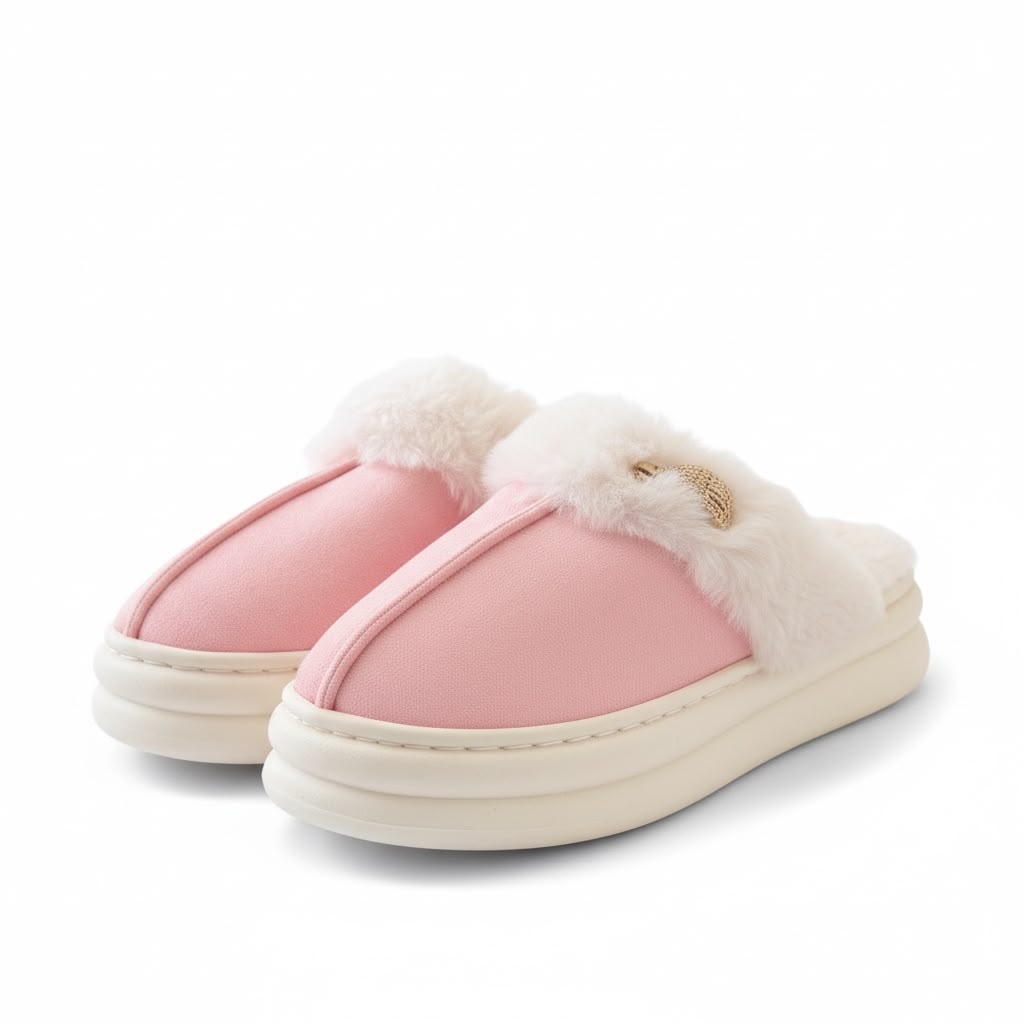 LEMCE Cloudstep grey suede plush faux fur trim slippers with bunny charm, pair side view