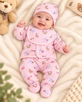 LEMCE Pink Parade quilted cotton baby suit set with animal print hat bib mittens top-down view