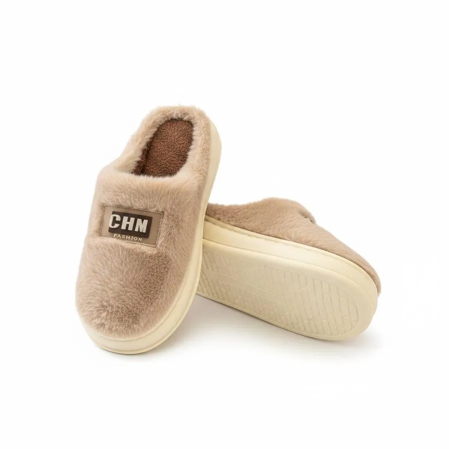 LEMCE Cloudstep Plush Slippers beige faux fur pair angled view cushioned white sole