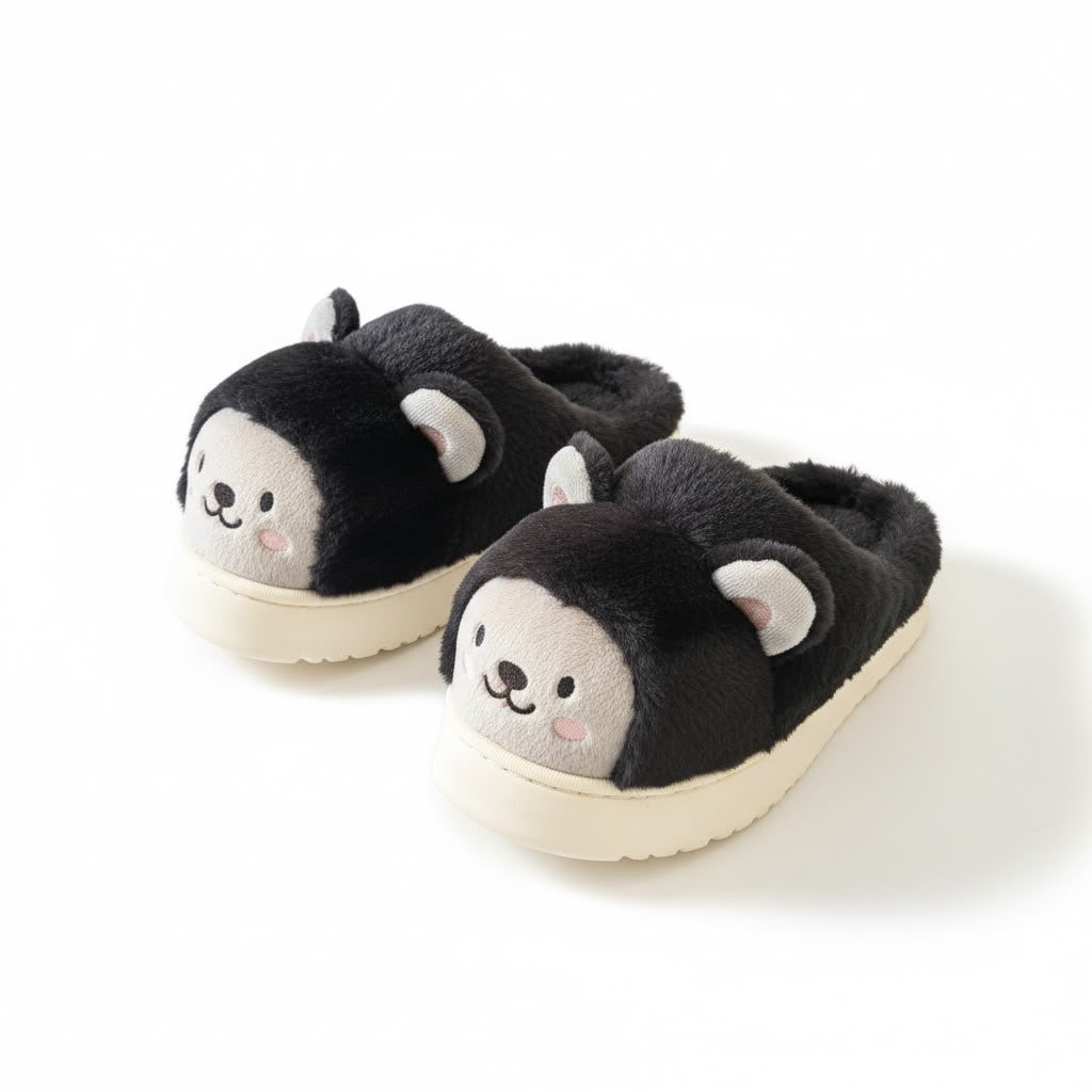 LEMCE Cloudstep black faux fur plush husky slippers with cute face detail, pair angled view