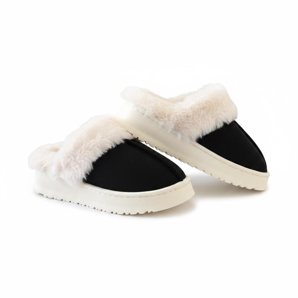 LEMCE Cloudstep black suede plush faux-fur trim slippers pair angled view white sole