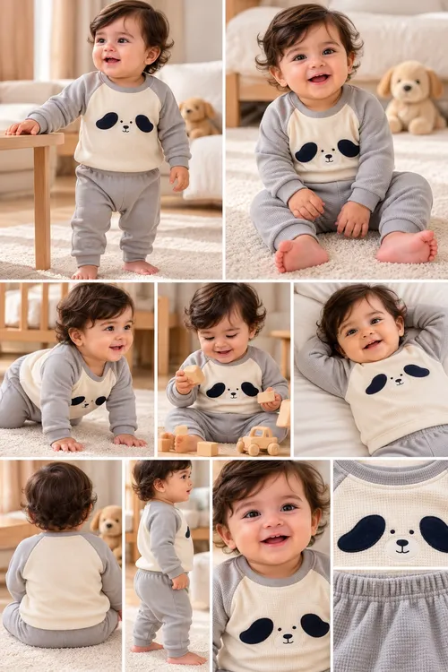 LEMCE Cloud Pup grey cream waffle-knit baby suit with puppy face print, multi-angle views