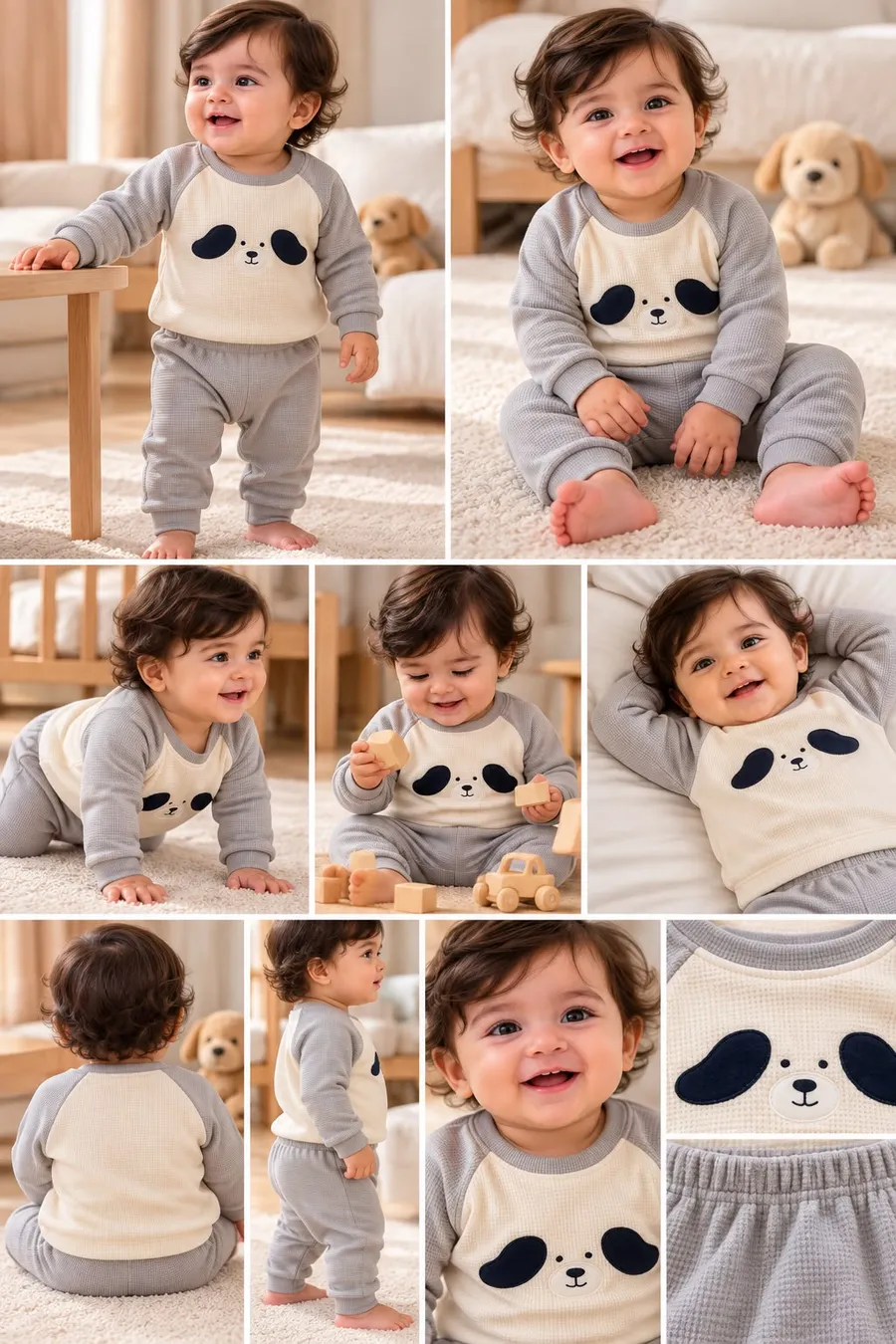 LEMCE Cloud Pup grey cream waffle-knit baby suit with puppy face print, multi-angle views