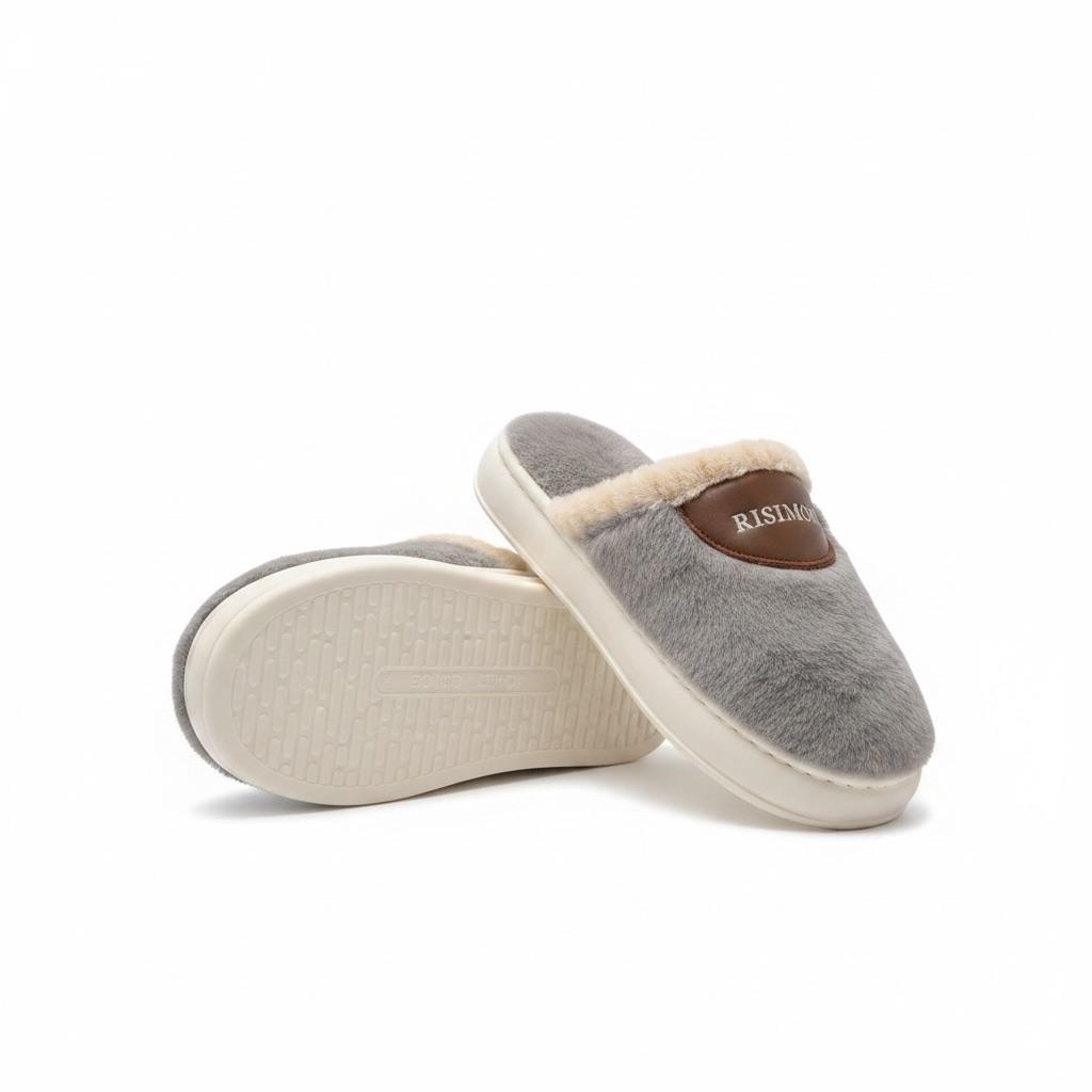 LEMCE Cloudstep grey plush faux fur slippers pair showing cushioned EVA sole angled view