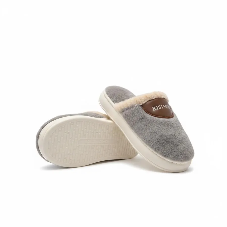 LEMCE Cloudstep grey plush faux fur slippers pair showing cushioned EVA sole angled view