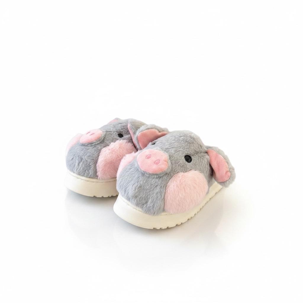 LEMCE Cloudstep grey plush pig novelty slippers pair side view soft cushioned sole